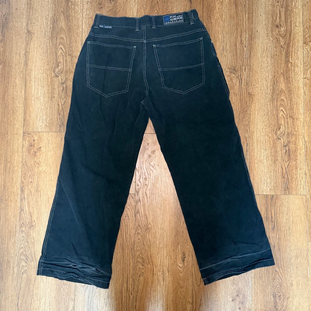 90s Kikwear Baggy Rave Jeans Wide Leg Skater Pants Mens 35x32 Black Blue FLAW